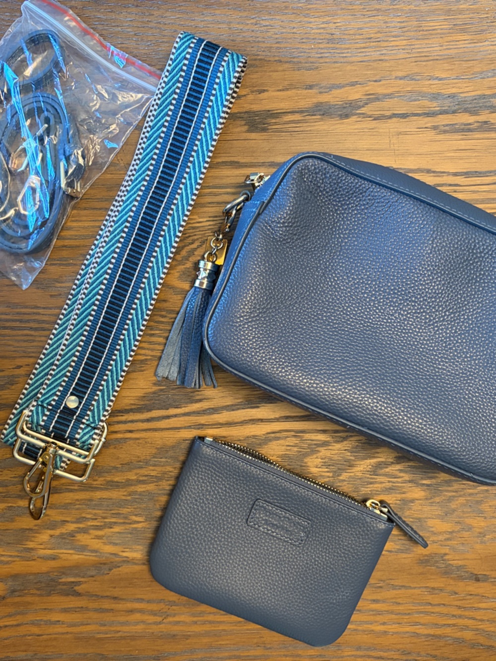 Pom Pom London Leather Crossbody Bag with Tassel and Coin Pouch - Navy